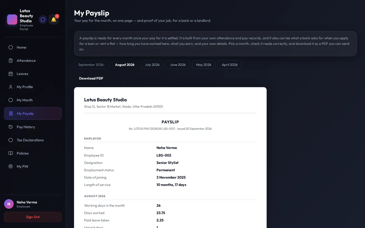 The My Payslip screen: a one-page payslip with the employee's details, length of service and the month's days worked.