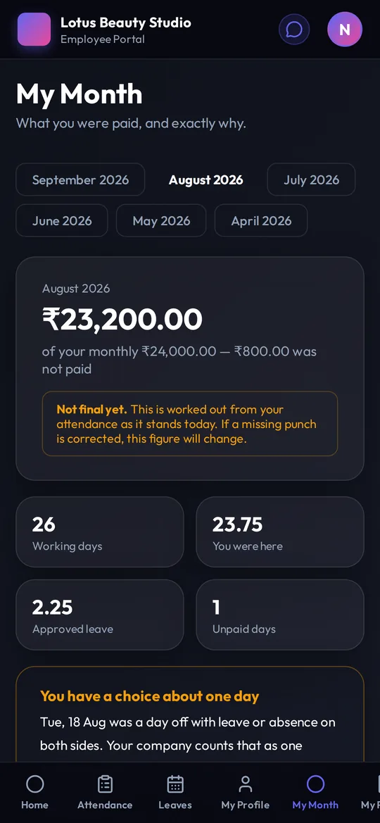 My Month on an employee's phone, showing the month's pay and the days worked.
